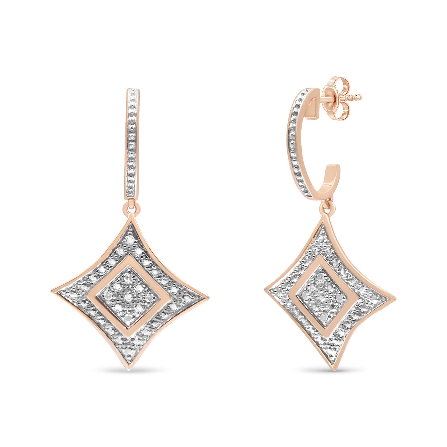 Front angle view of a pair of rose metal earrings featuring diamond-shaped drop pendants with pave-set white round gemstones and hoop posts also adorned with white round gemstones.