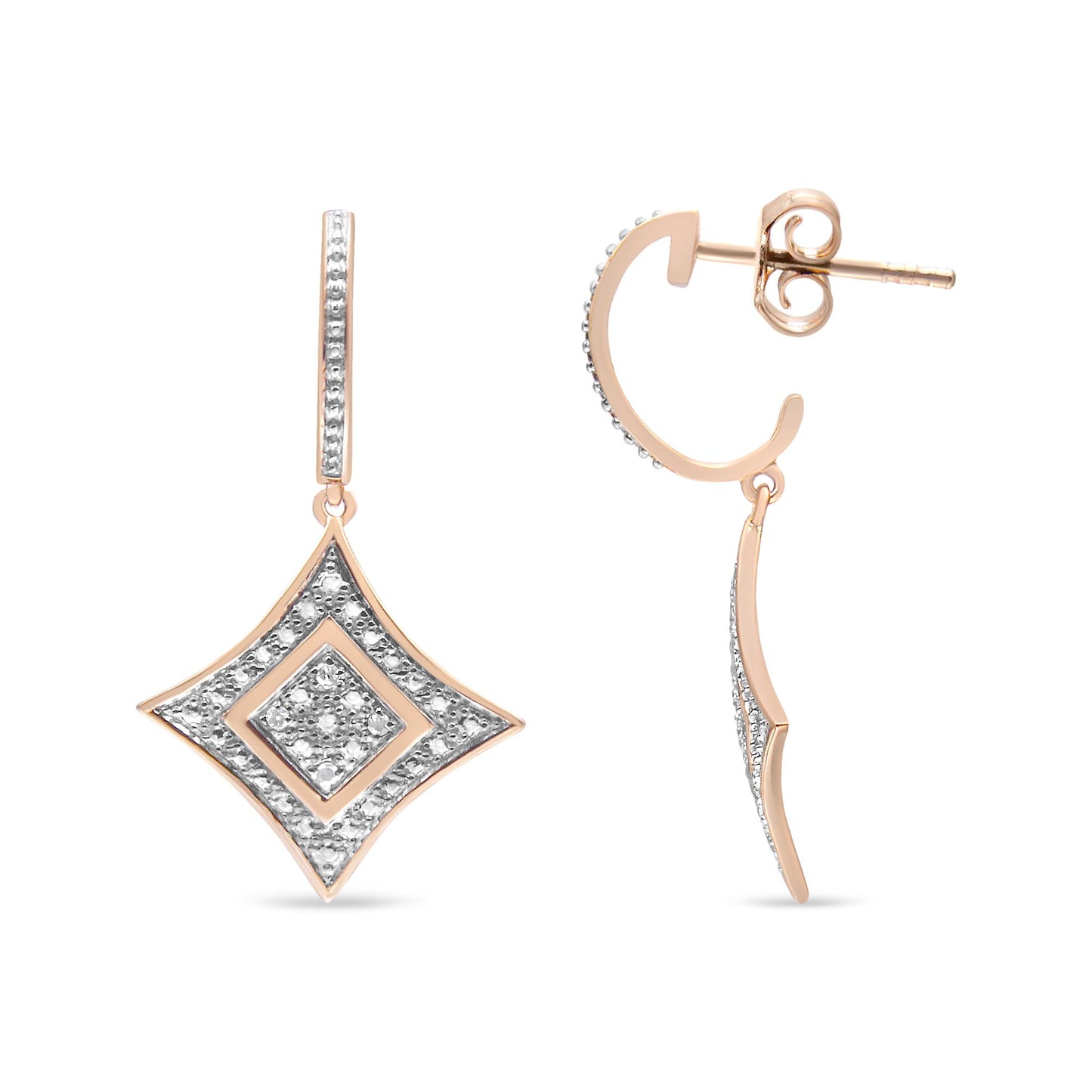 Front and side view of rose metal earrings with diamond-shaped dangles set with white round pave gemstones.