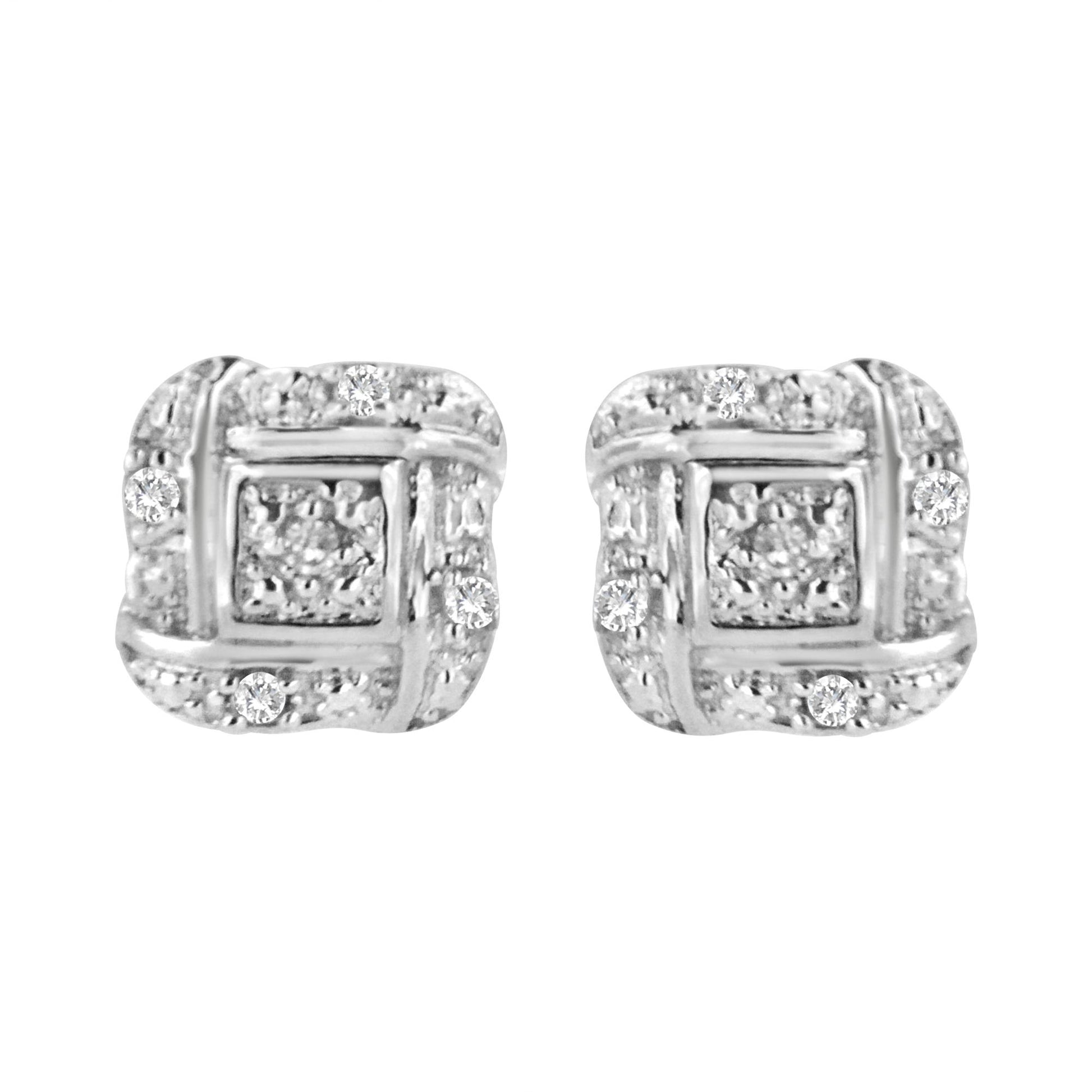 Front view of white metal square-shaped earrings with round white gemstones in prong settings.
