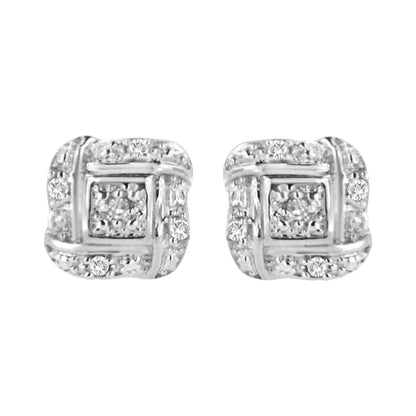 Front view of white metal square-shaped earrings with round white gemstones in prong settings.