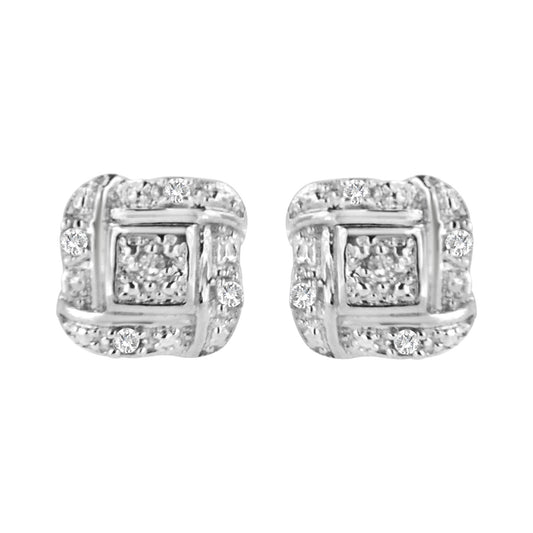 Front view of white metal square-shaped earrings with round white gemstones in prong settings.