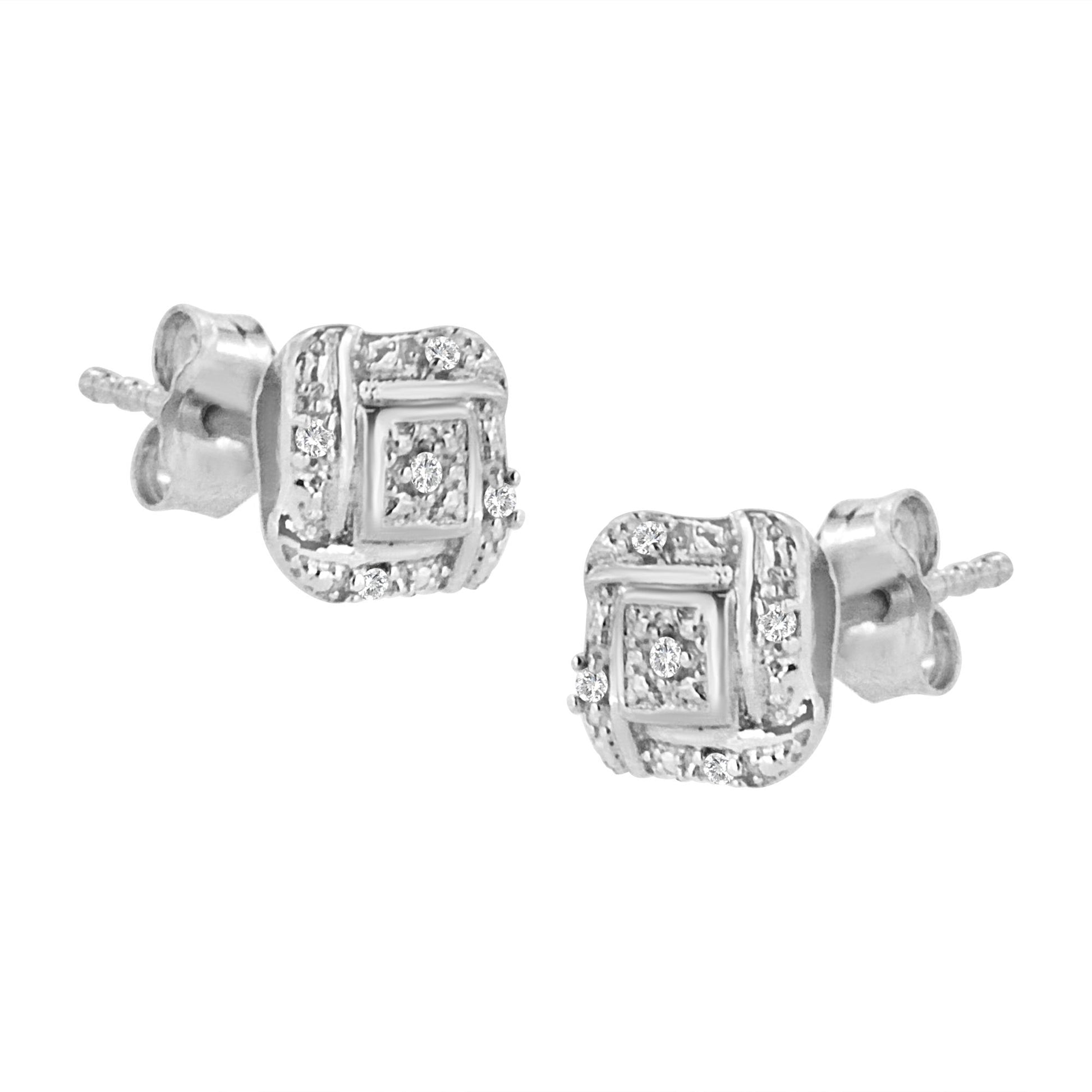 Close-up front angled view of a pair of white metal stud earrings with multiple round white gemstones in prong settings forming a square design.