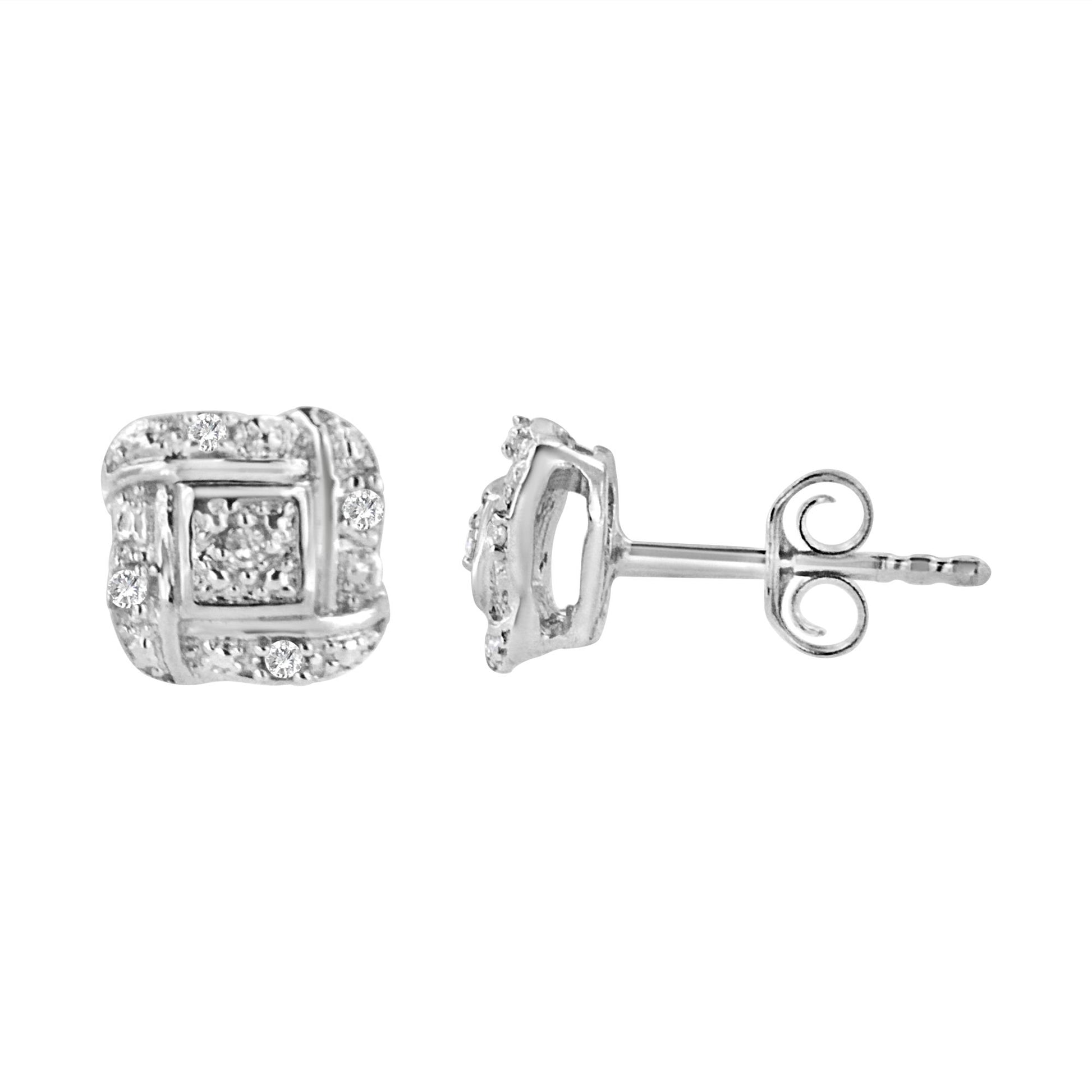 Front and side angle of a pair of white metal stud earrings with multiple prong-set round white gemstones in a square cluster design.