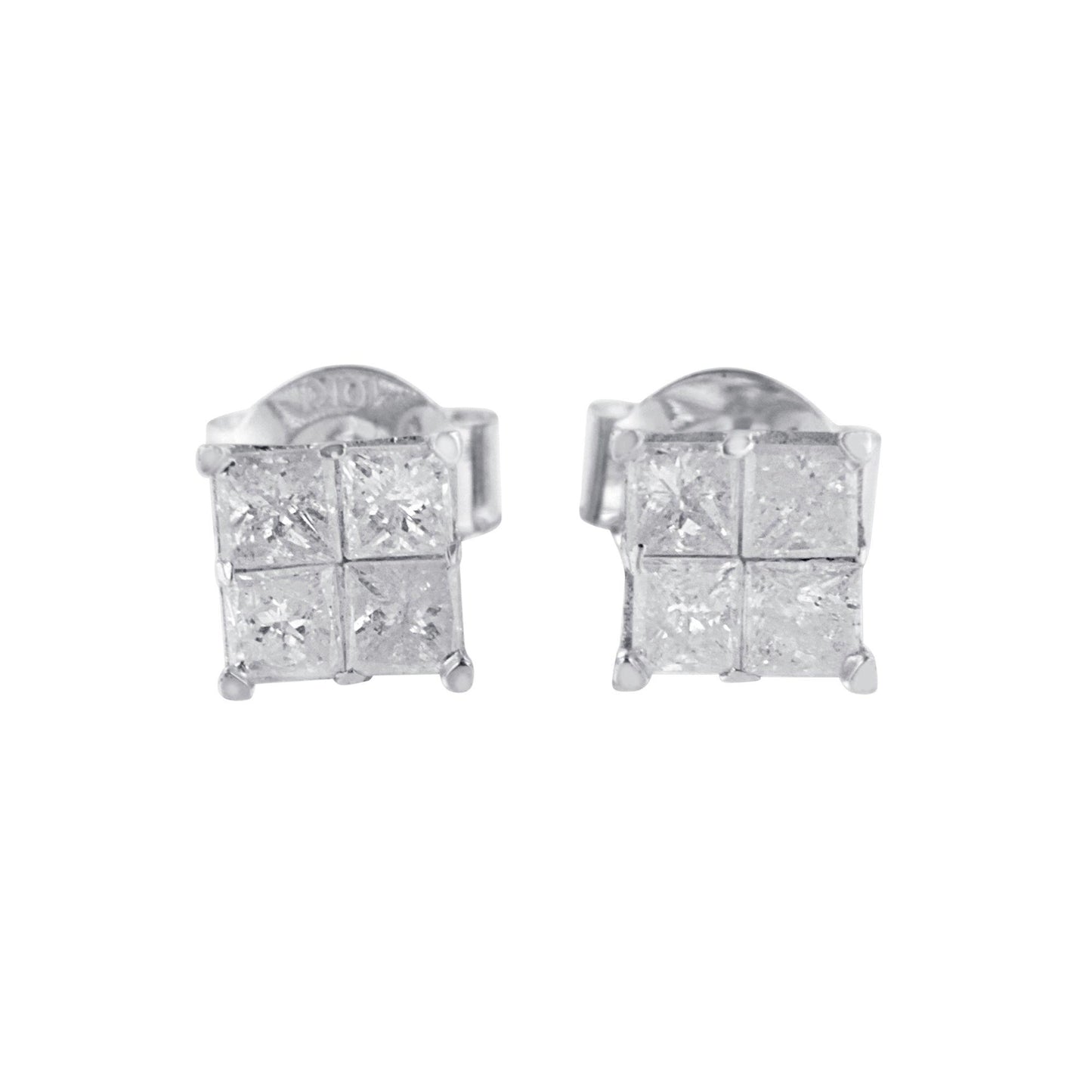 Front angle view of white metal square-shaped stud earrings with four princess cut white gemstones in an invisible setting.