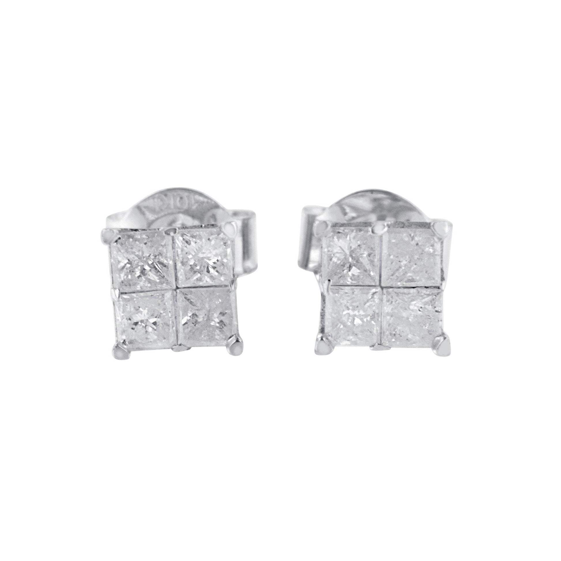 Front angle view of white metal square-shaped stud earrings with four princess cut white gemstones in an invisible setting.