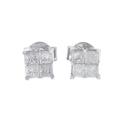 Front angle view of white metal square-shaped stud earrings with four princess cut white gemstones in an invisible setting.
