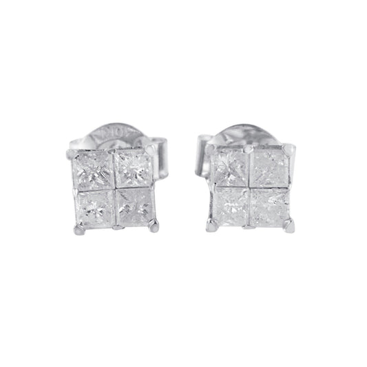 Front angle view of white metal square-shaped stud earrings with four princess cut white gemstones in an invisible setting.