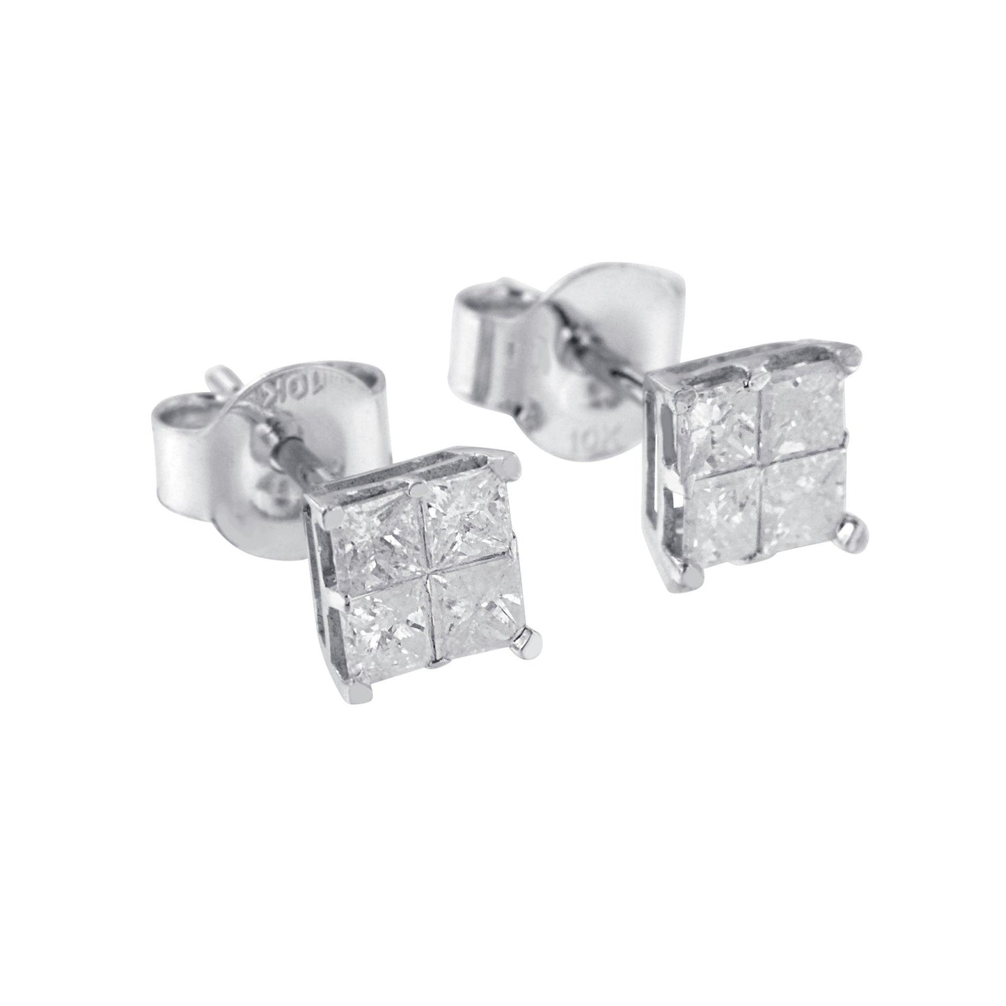 Pair of white metal stud earrings with square cluster of princess-shaped white gemstones in invisible setting, shown in close-up angled view.
