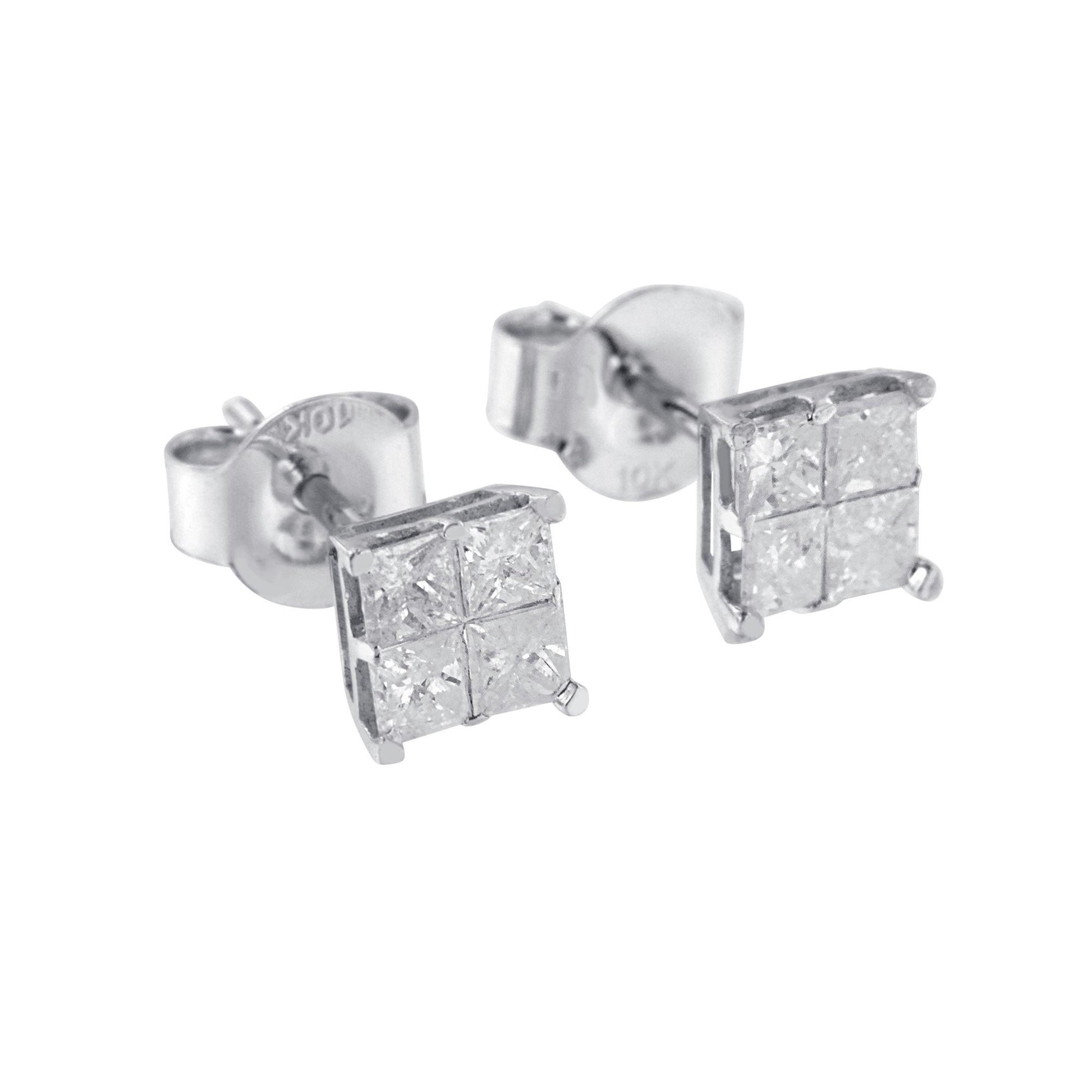 Pair of white metal stud earrings with square cluster of princess-shaped white gemstones in invisible setting, shown in close-up angled view.