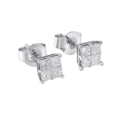 Pair of white metal stud earrings with square cluster of princess-shaped white gemstones in invisible setting, shown in close-up angled view.