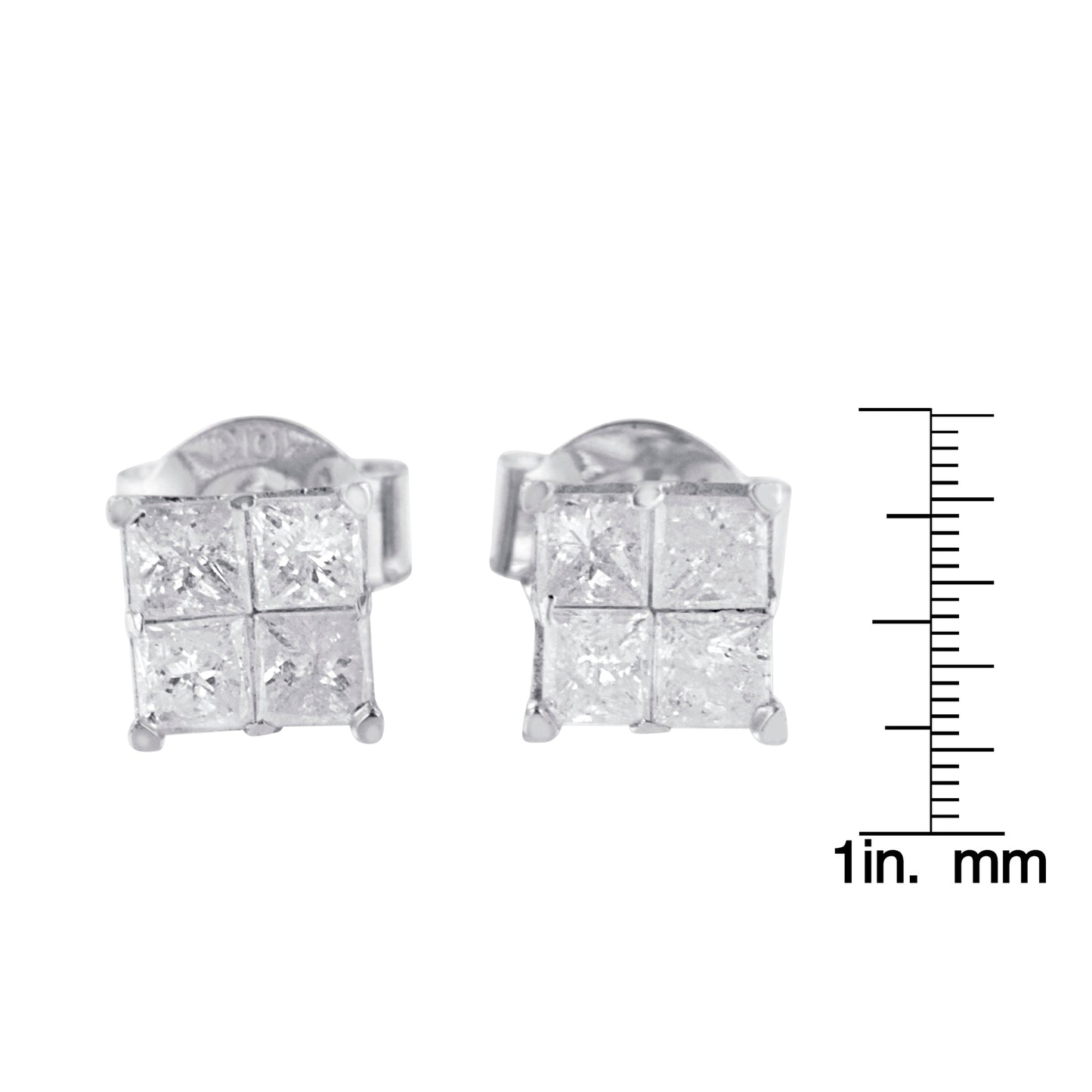 Front view of white metal stud earrings with four princess-shaped white gemstones in an invisible setting, shown next to a ruler for size reference.