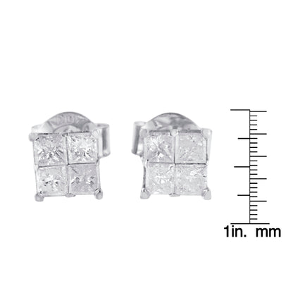 Front view of white metal stud earrings with four princess-shaped white gemstones in an invisible setting, shown next to a ruler for size reference.