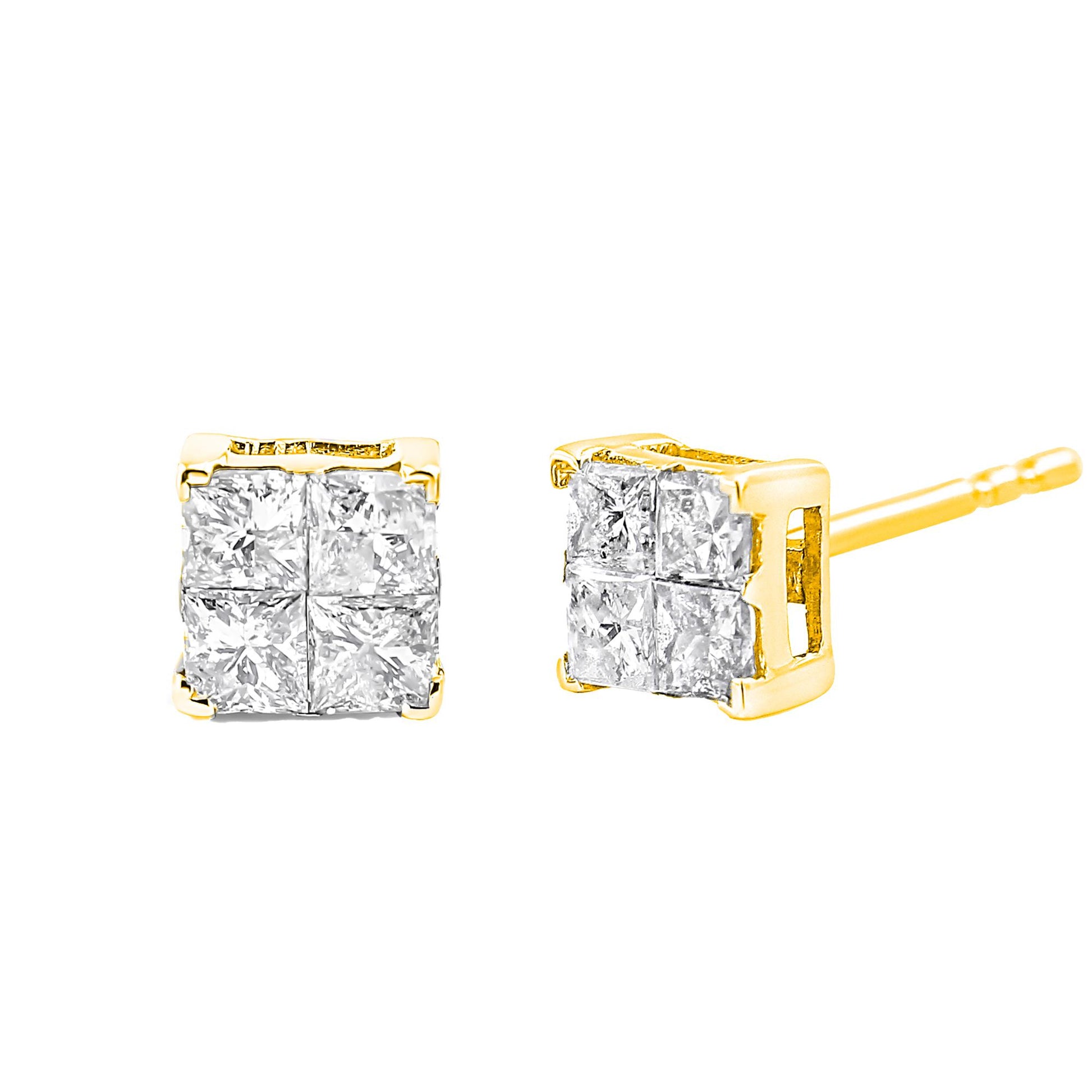 Pair of yellow metal stud earrings with cluster of square white gemstones, one shown from front and one from a slight side angle.
