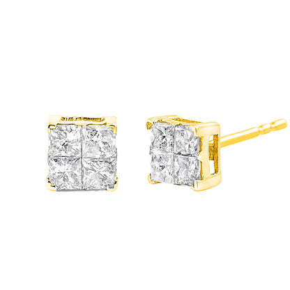 Pair of yellow metal stud earrings with cluster of square white gemstones, one shown from front and one from a slight side angle.