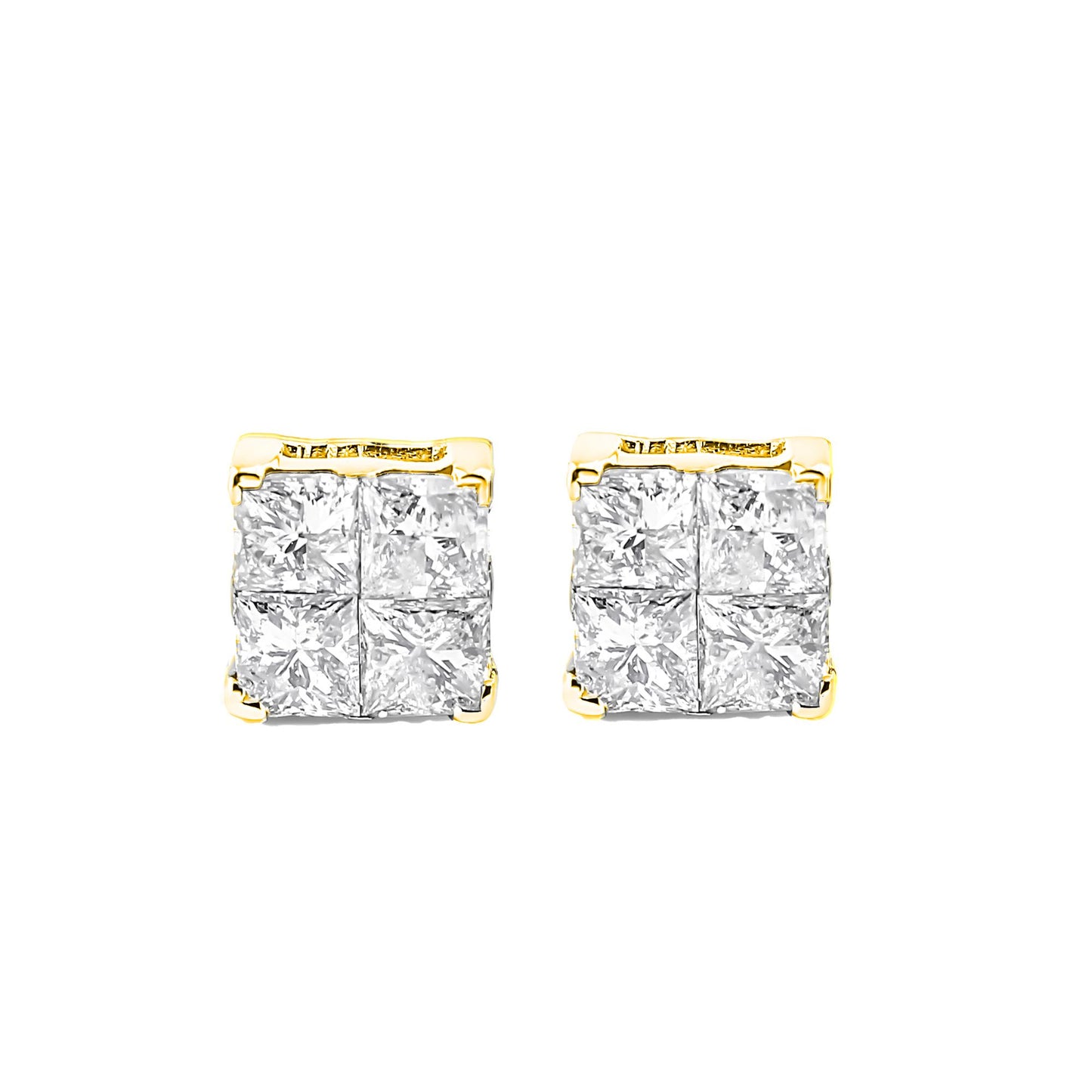 Front angle view of yellow metal square stud earrings with clusters of white princess shape gemstones in an invisible setting.