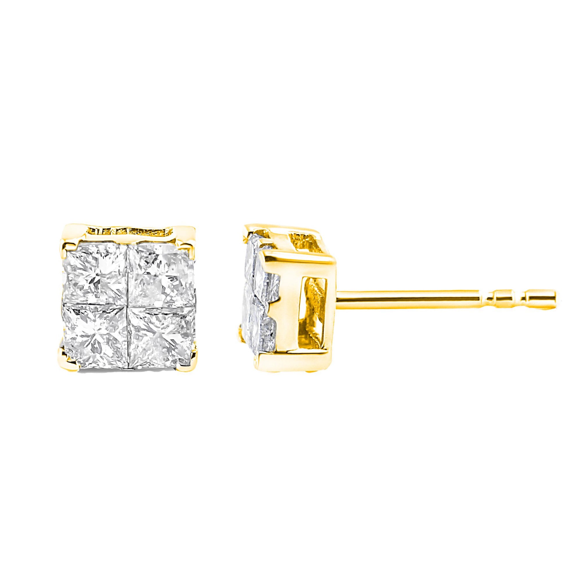 Pair of yellow metal stud earrings with square clusters of white gemstones in invisible setting, shown from front and side angles.