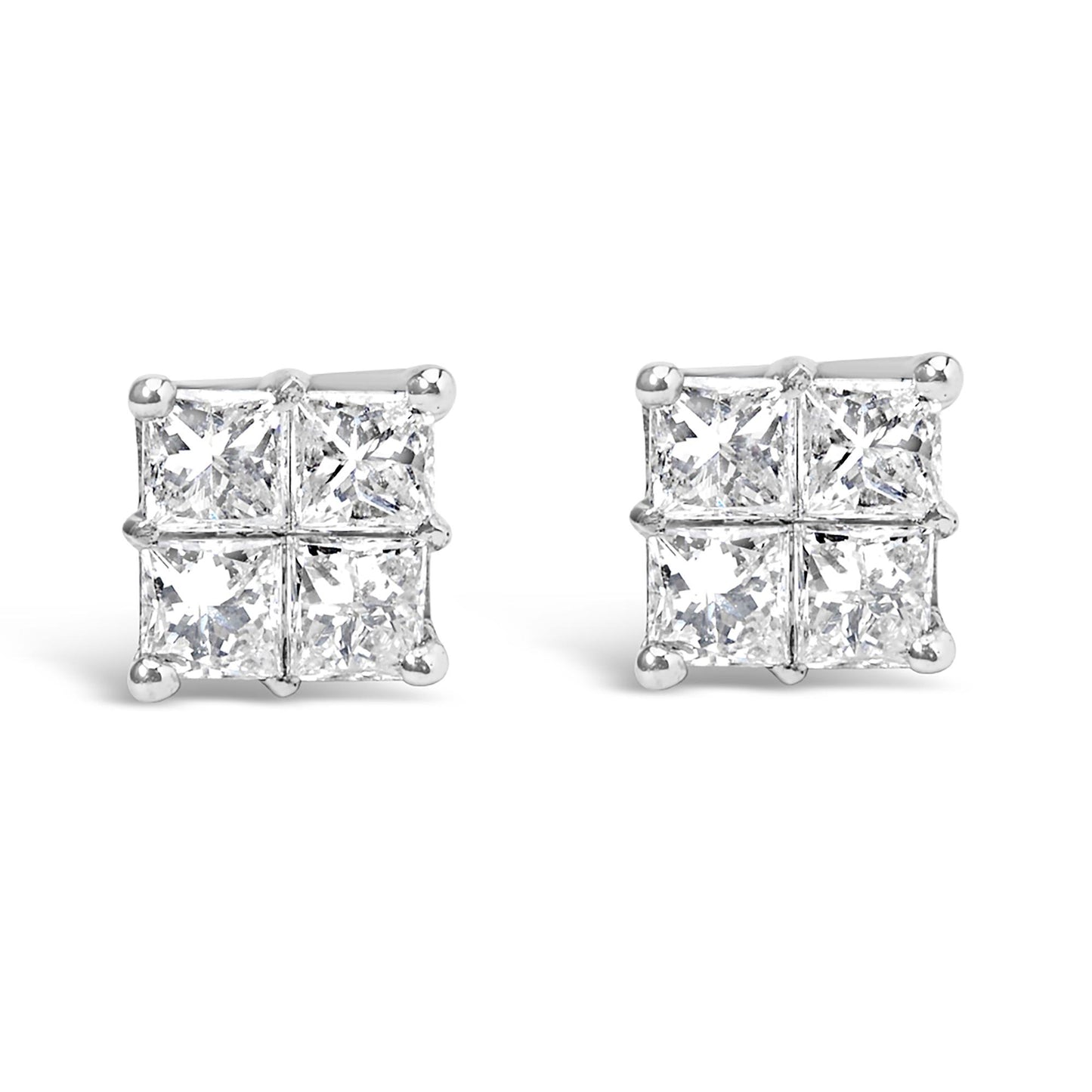 Front angle view of white metal square-shaped earrings each featuring four princess cut white gemstones in an invisible setting.