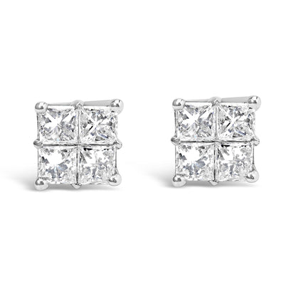 Front angle view of white metal square-shaped earrings each featuring four princess cut white gemstones in an invisible setting.
