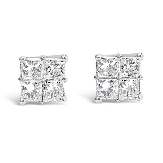 Front angle view of white metal square-shaped earrings each featuring four princess cut white gemstones in an invisible setting.