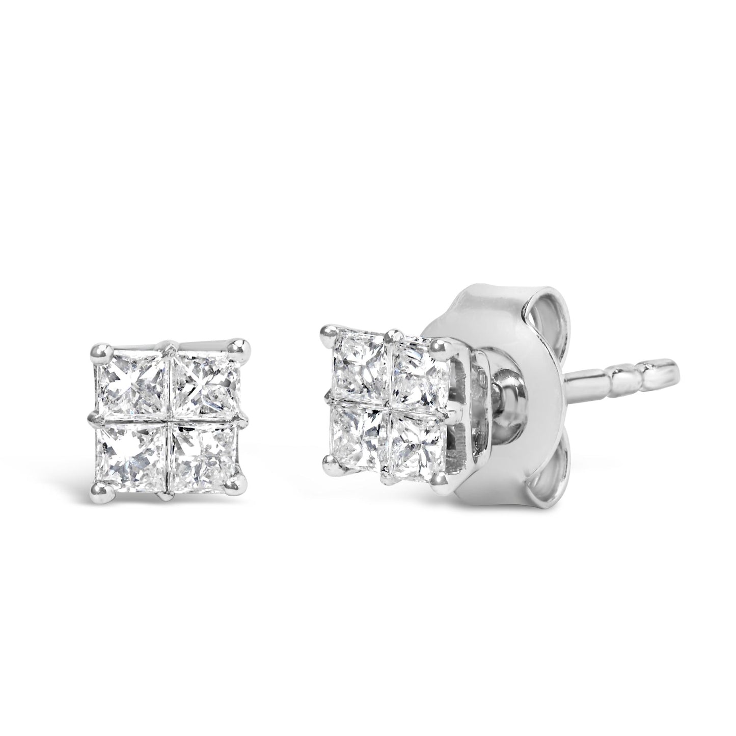 Close-up front and side angle of white metal stud earrings with cluster of square-shaped white gemstones in invisible setting.