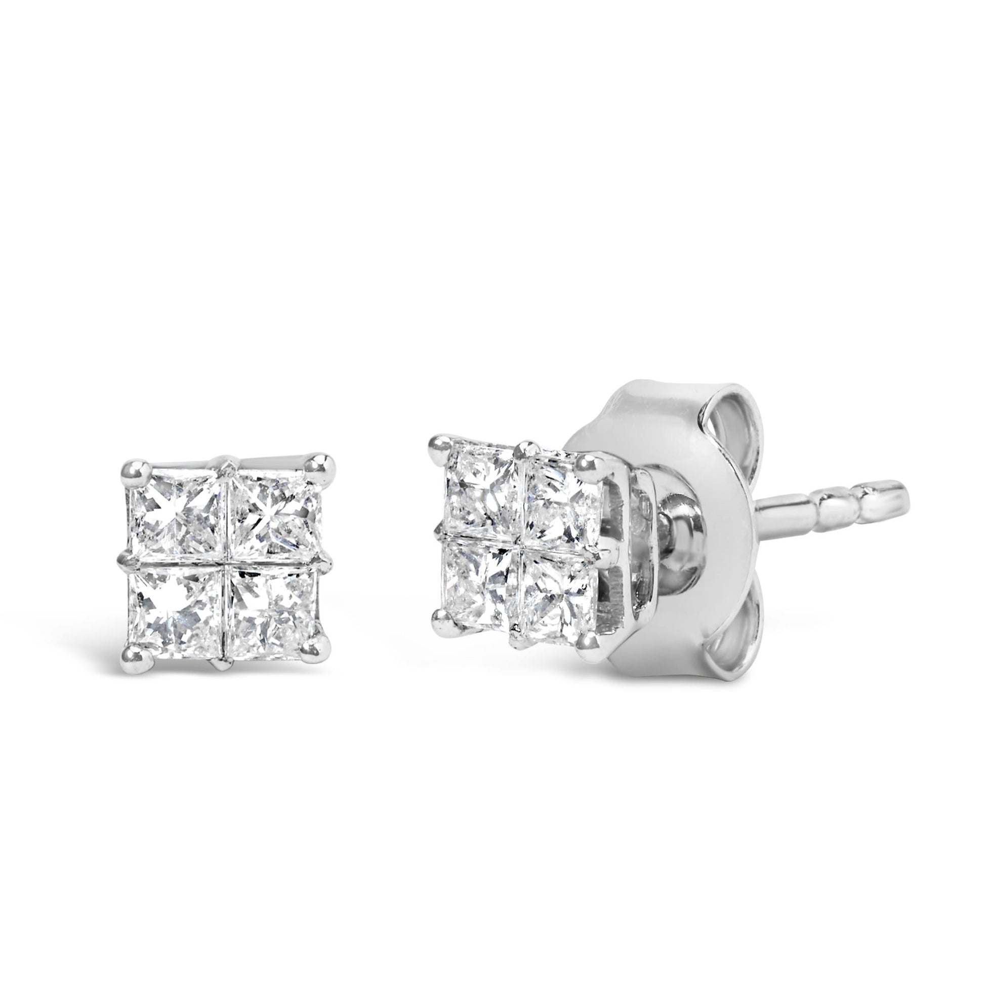 Close-up front and side angle of white metal stud earrings with cluster of square-shaped white gemstones in invisible setting.