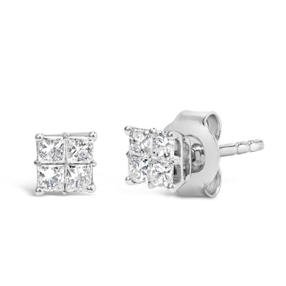 Close-up front and side angle of white metal stud earrings with cluster of square-shaped white gemstones in invisible setting.