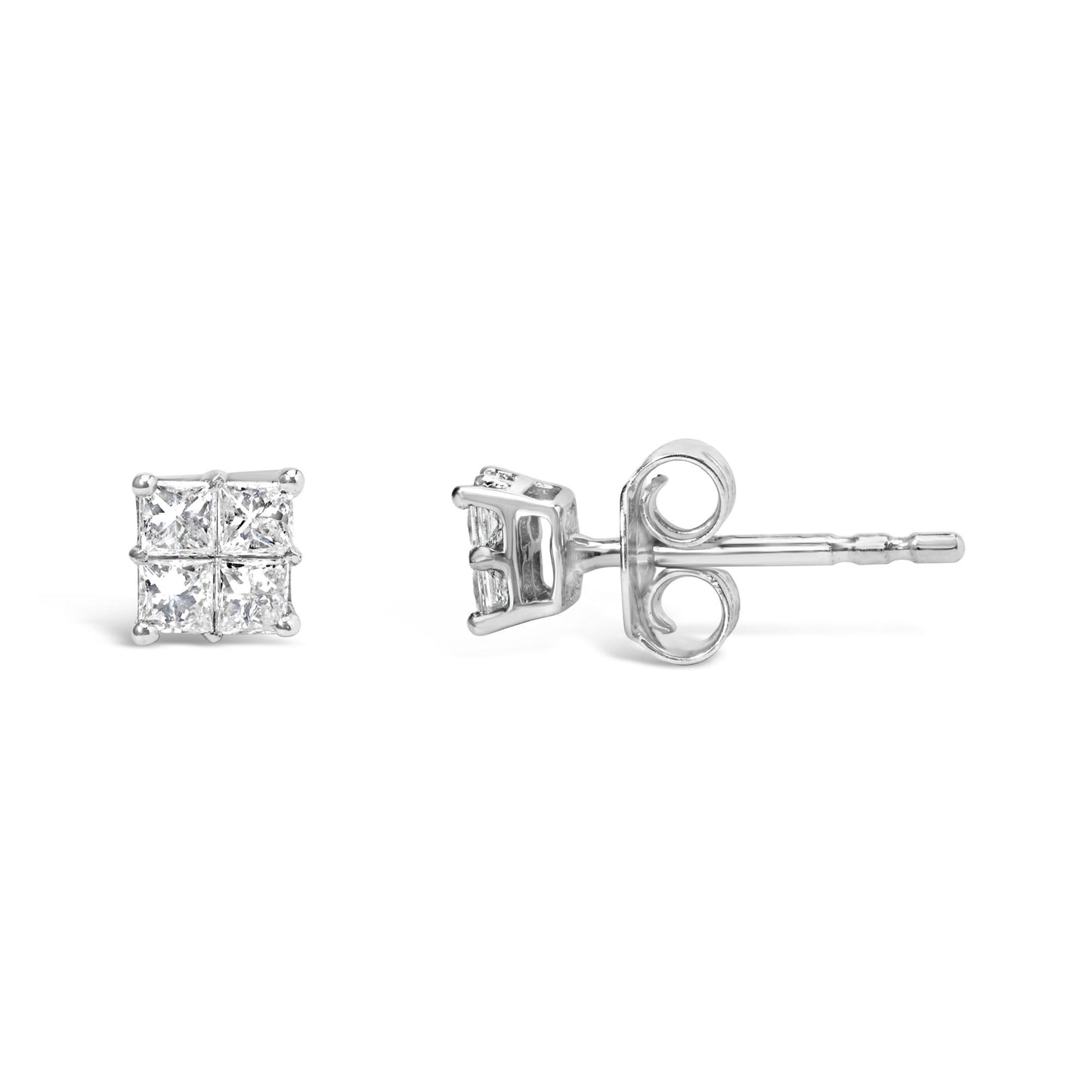 Pair of white metal stud earrings with four princess-shaped white gemstones in invisible setting, shown from front and side angle on a white background.