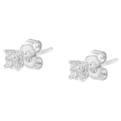 Close-up front angled view of a pair of white metal stud earrings with square-shaped settings, each set with multiple white gemstones in an invisible setting.