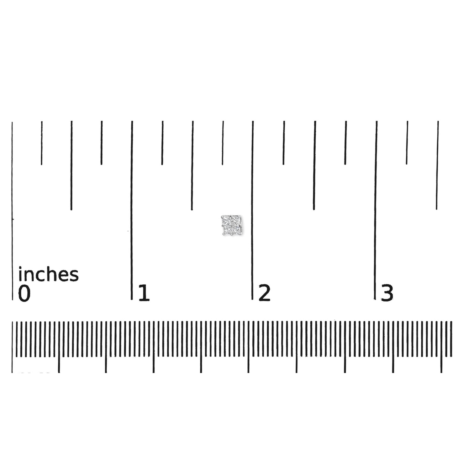 Close-up front view of white metal stud earring with square cluster of white gemstones, placed on a ruler for size reference.