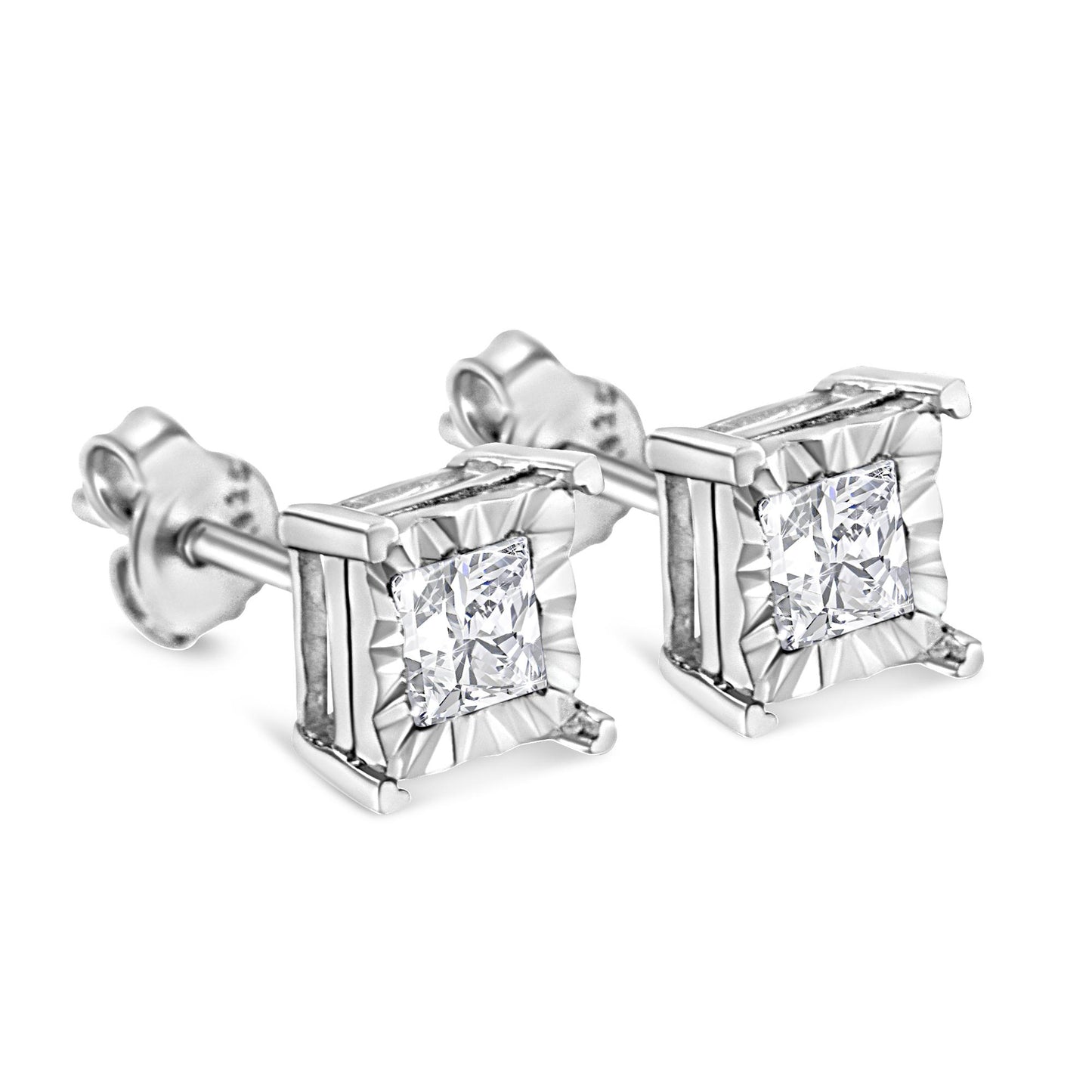 Pair of white metal stud earrings with princess-shaped white gemstones in a miracle setting, shown at an angled close-up.