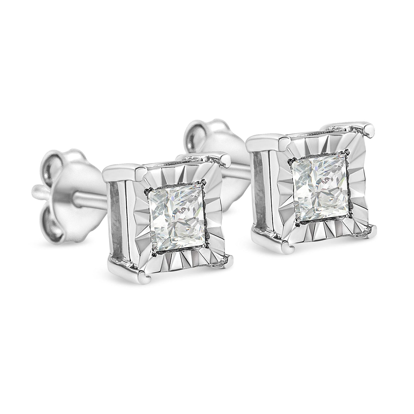 Pair of white metal stud earrings with princess-shaped white gemstones in a square setting, shown in a close-up angled view.