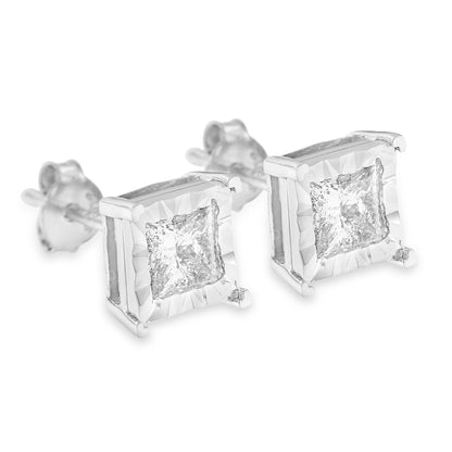 Close-up front angle of white metal stud earrings with square princess-shaped white gemstones in a miracle setting.