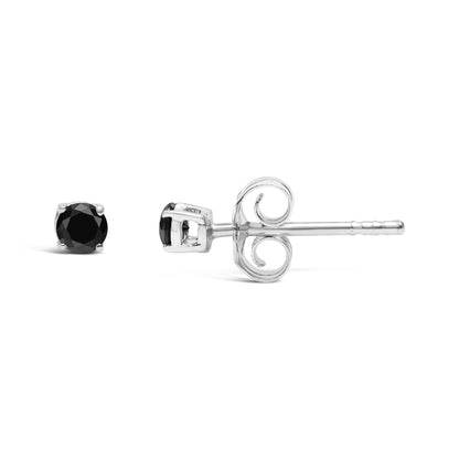 Pair of white metal stud earrings with round black gemstones in prong settings, shown from side and front angles on a white background.