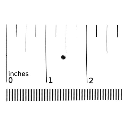 Single white metal earring with a round black gemstone in prong setting, shown on a ruler for size reference, front angle.