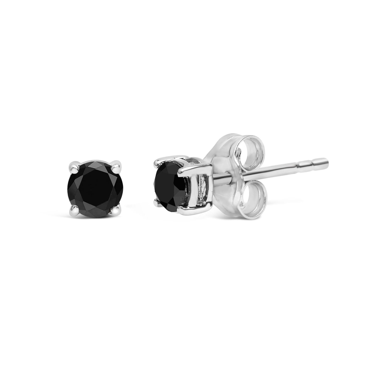 Close-up front and side view of white metal stud earrings featuring round black gemstones in 4-prong settings.