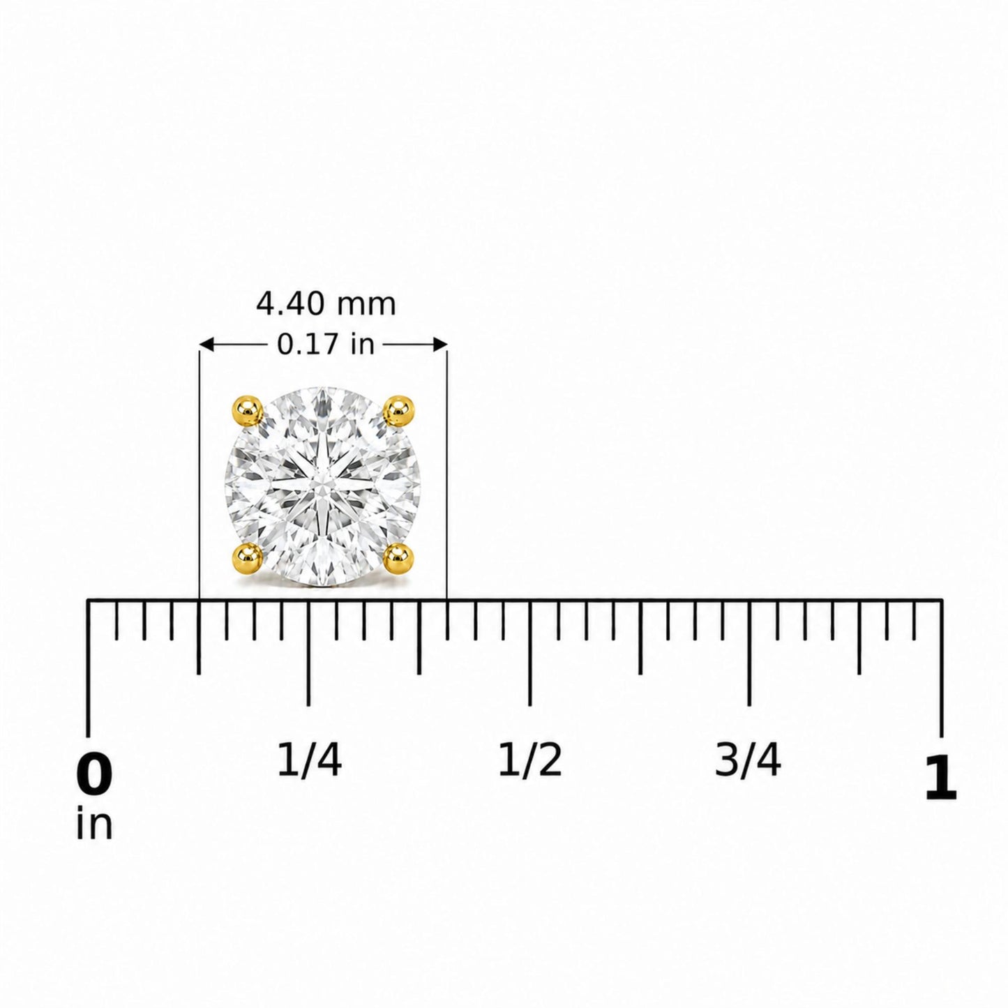 Close-up image of a single yellow metal earring with a round white gemstone set in a four-prong setting, shown from the front on a scale showing measurements in inches.