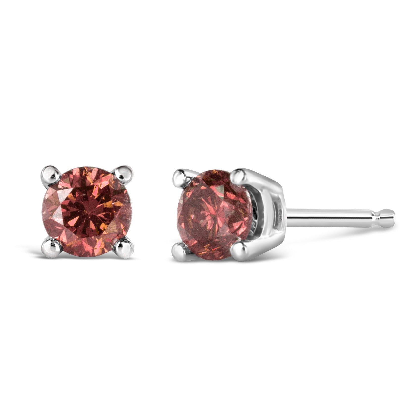 Pair of white metal stud earrings with round pink gemstones in four-prong settings, one shown from the front and the other from a side angle.