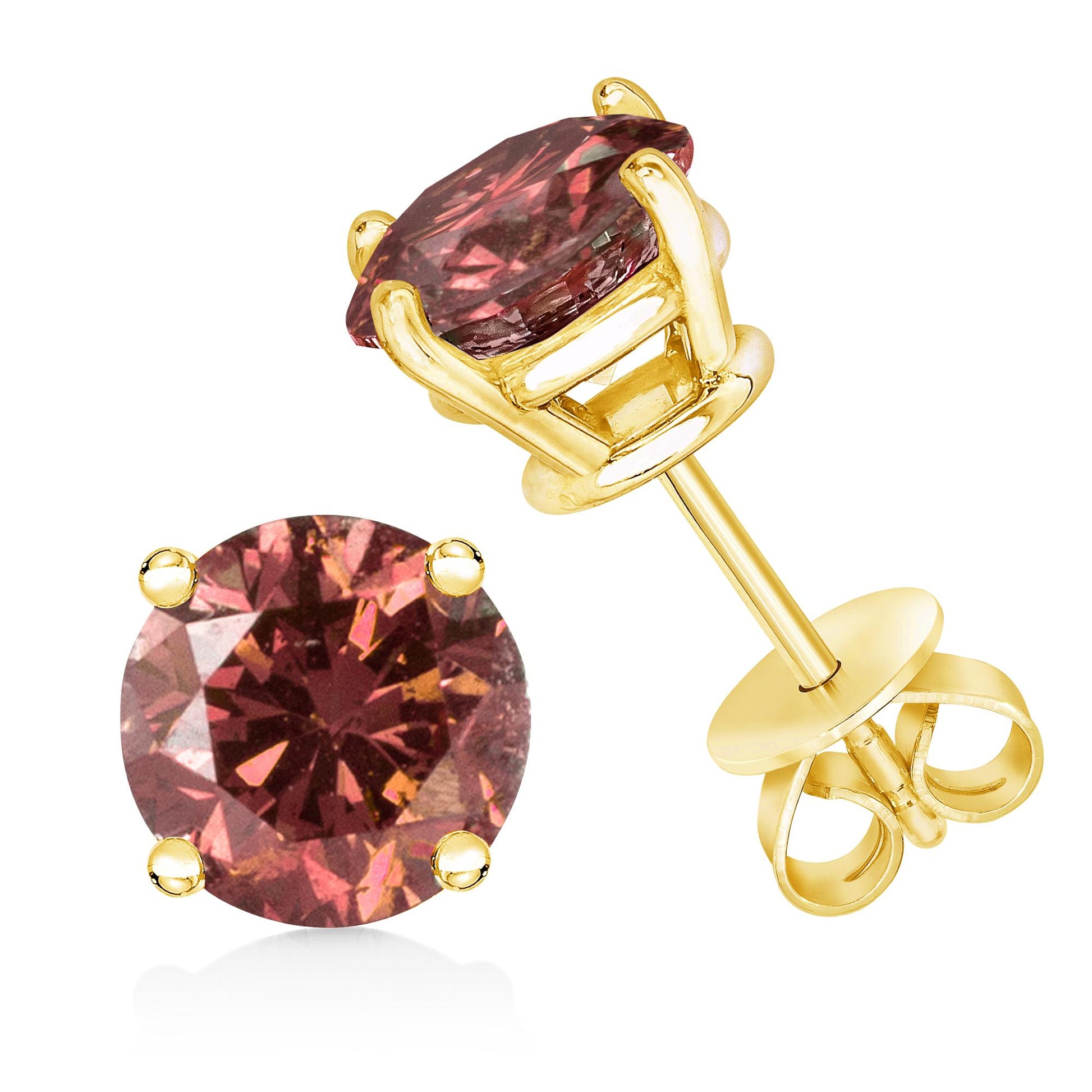 Pair of yellow metal stud earrings with round pink gemstones in 4-prong settings, shown from front and angled side views.