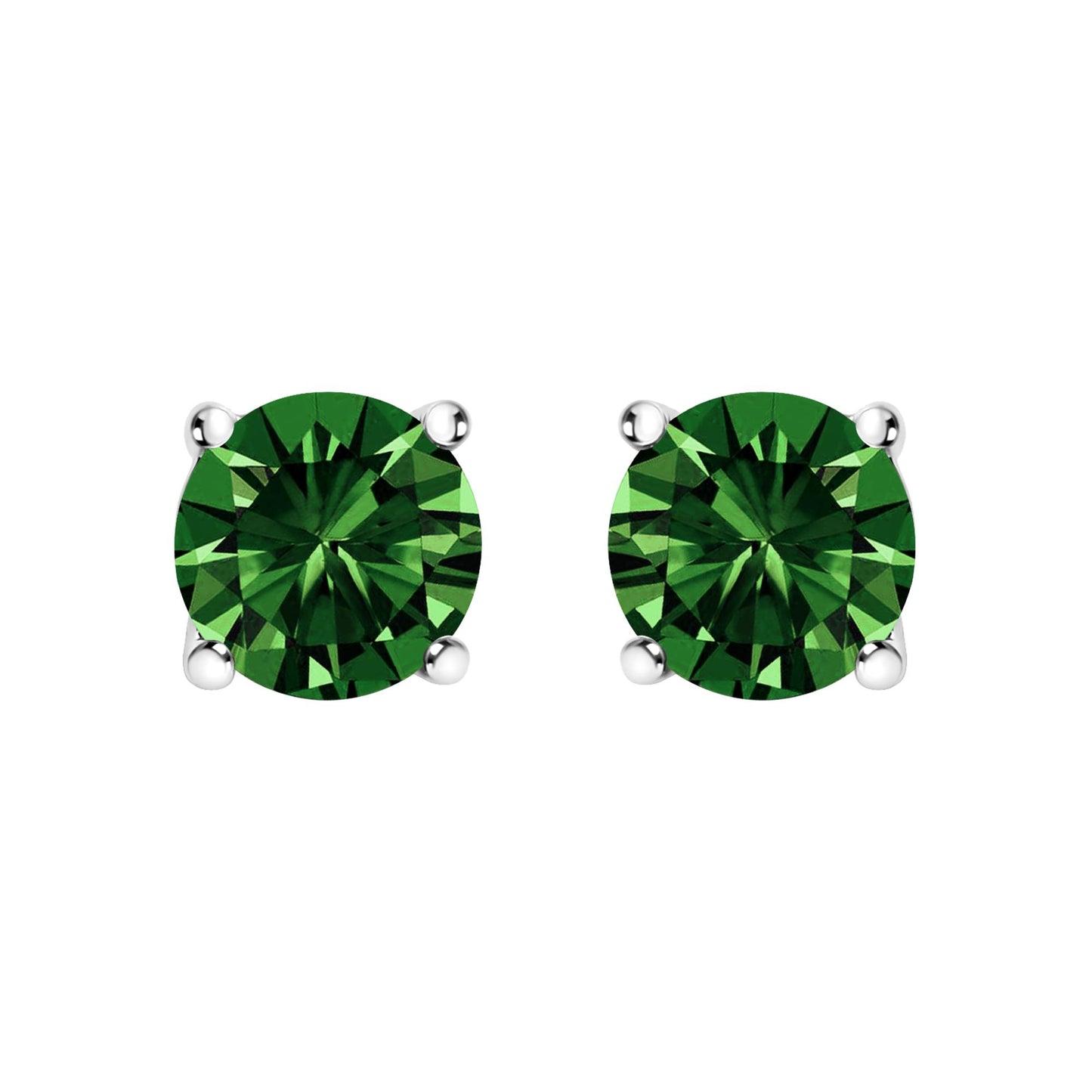 Front view of white metal stud earrings with round green gemstones in 4-prong settings.