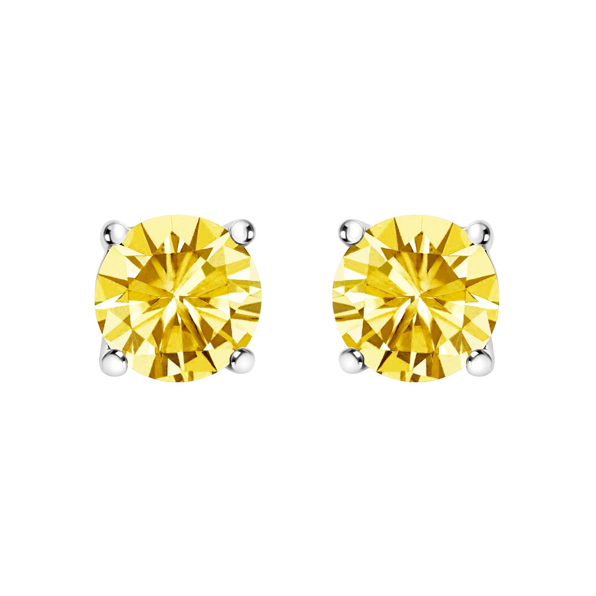 Pair of white metal stud earrings with round yellow gemstones in four-prong settings, shown in a front-facing view on a white background.