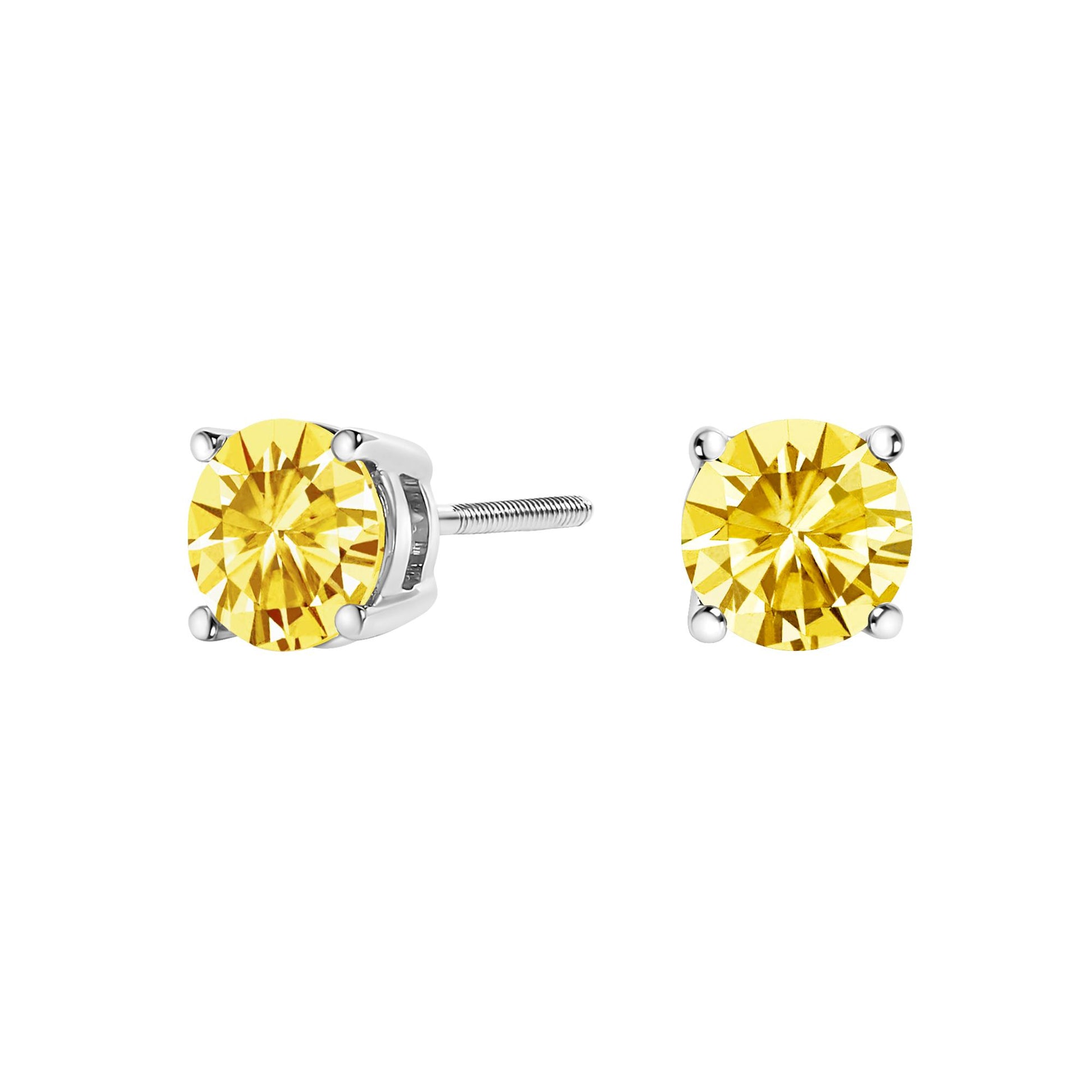 Pair of white metal stud earrings with round yellow gemstones in four-prong settings, shown from the front and side angles on a white background.