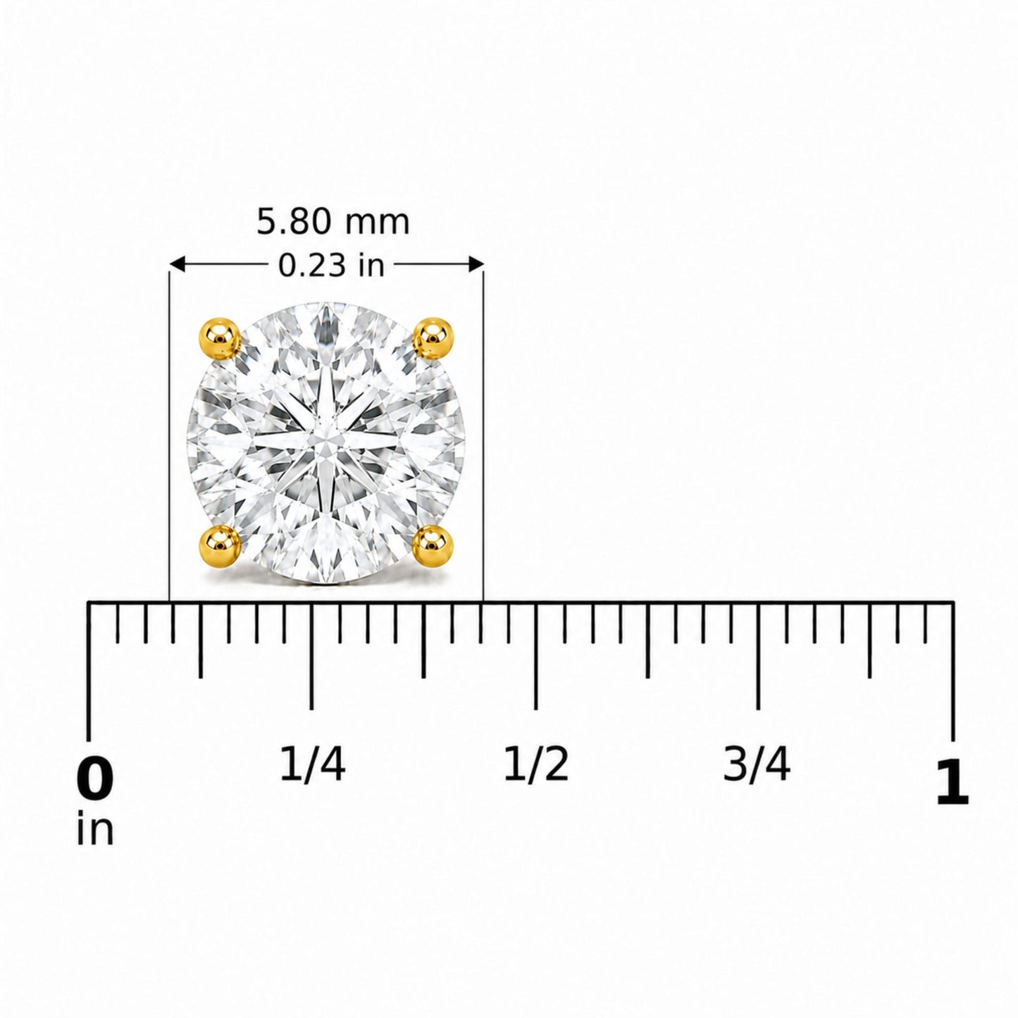 Close-up top-down view of a single yellow metal earring stud with a round white gemstone in a 4-prong setting, shown on a scale with measurement markings.