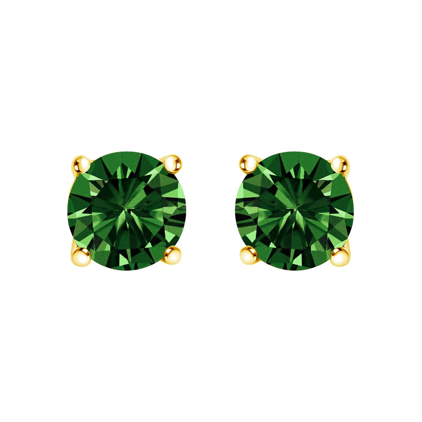 Front view of pair of yellow metal stud earrings with round green gemstones in four-prong settings.