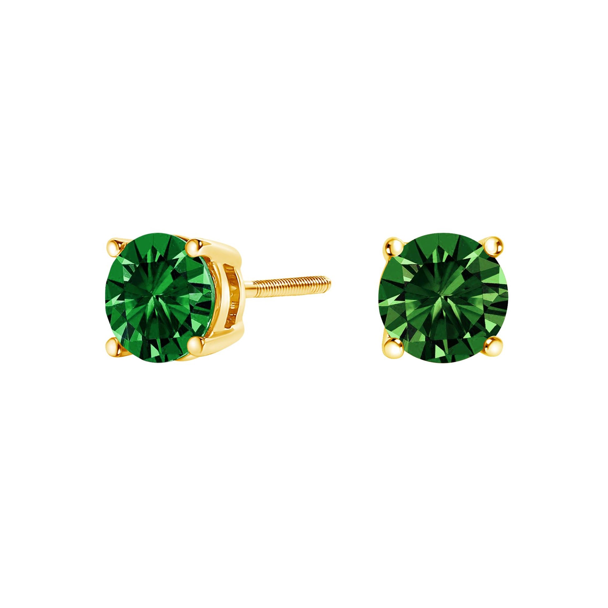 Close-up image of yellow metal stud earrings with round green gemstones in a four-prong setting, one earring shown from the side and the other from the front.
