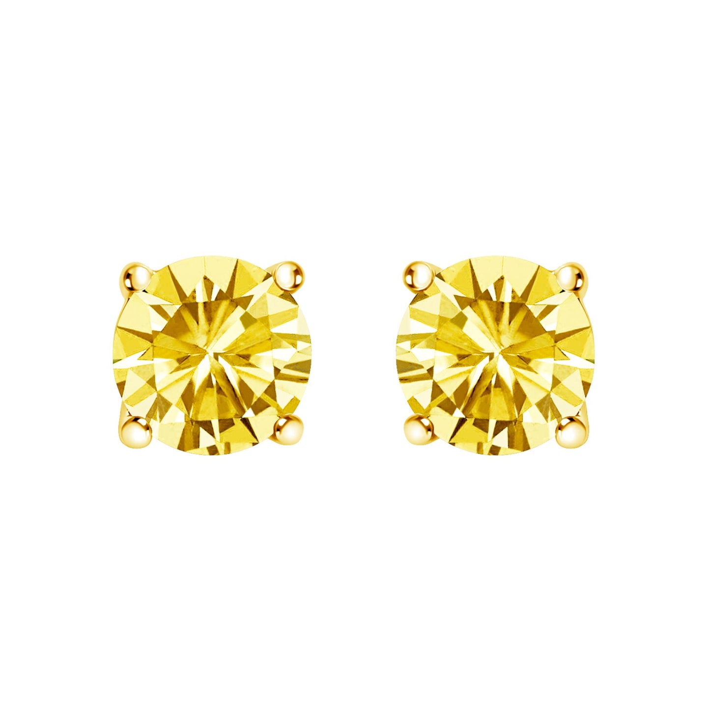 Close-up front view of a pair of yellow round gemstone stud earrings with 4-prong settings.