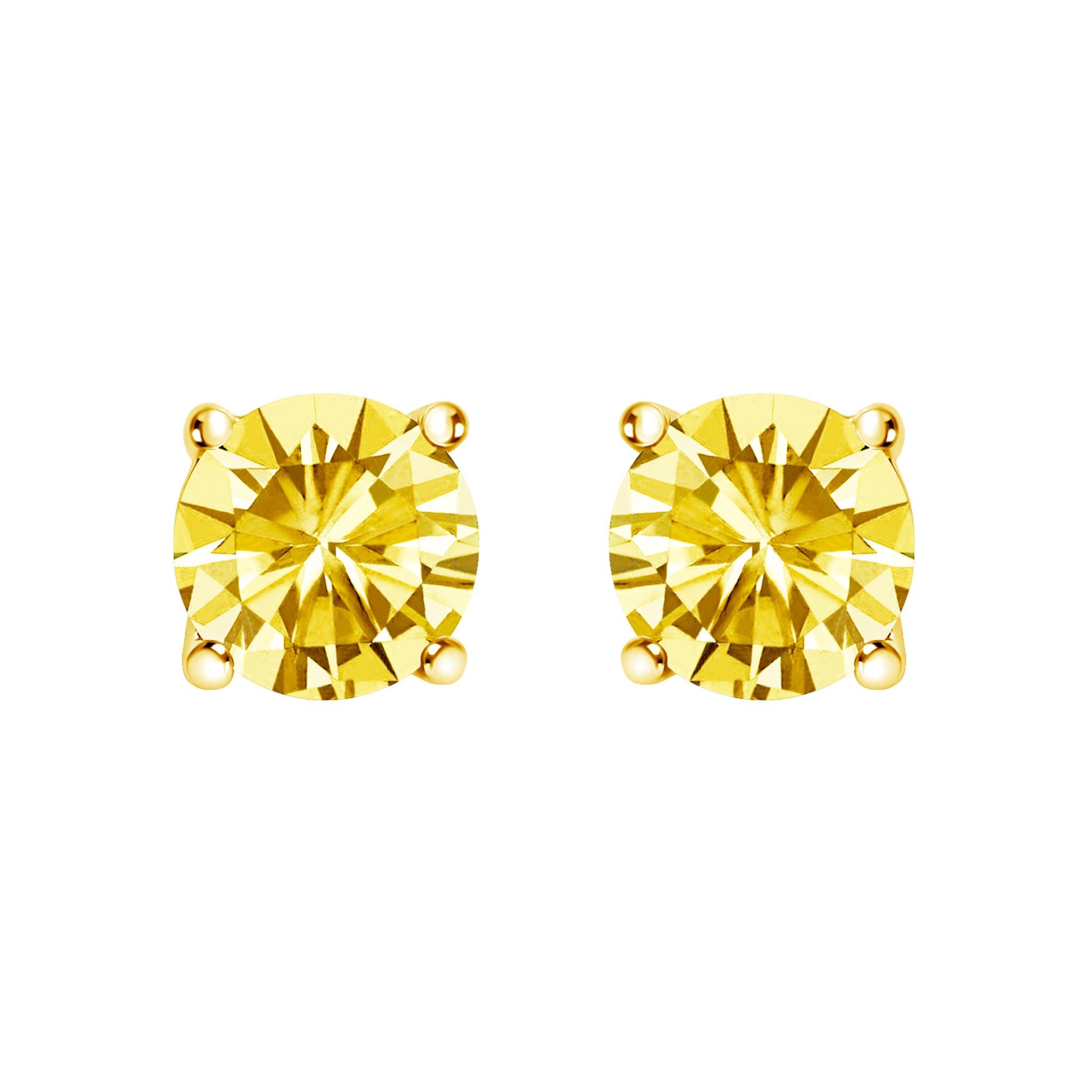 Close-up front view of a pair of yellow round gemstone stud earrings with 4-prong settings.