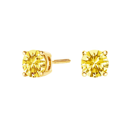 Close-up front and side angle of yellow metal stud earrings with round yellow gemstones in 4-prong settings.