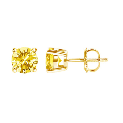 Pair of yellow metal stud earrings with round yellow gemstones in 4-prong settings, shown from front and side angles on a white background.