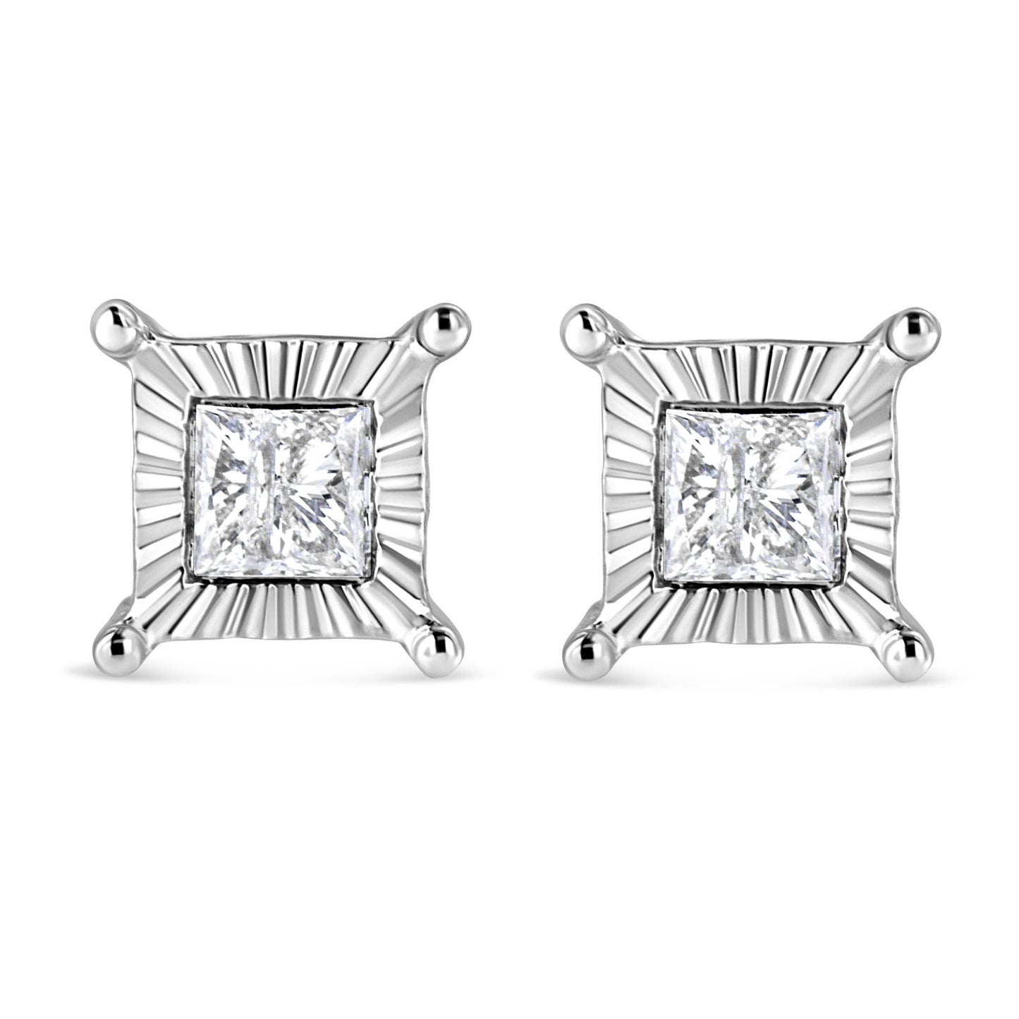 Front view of a pair of white metal square-shaped stud earrings with a central white gemstone in a miracle setting.