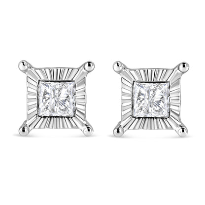 Front view of a pair of white metal square-shaped stud earrings with a central white gemstone in a miracle setting.